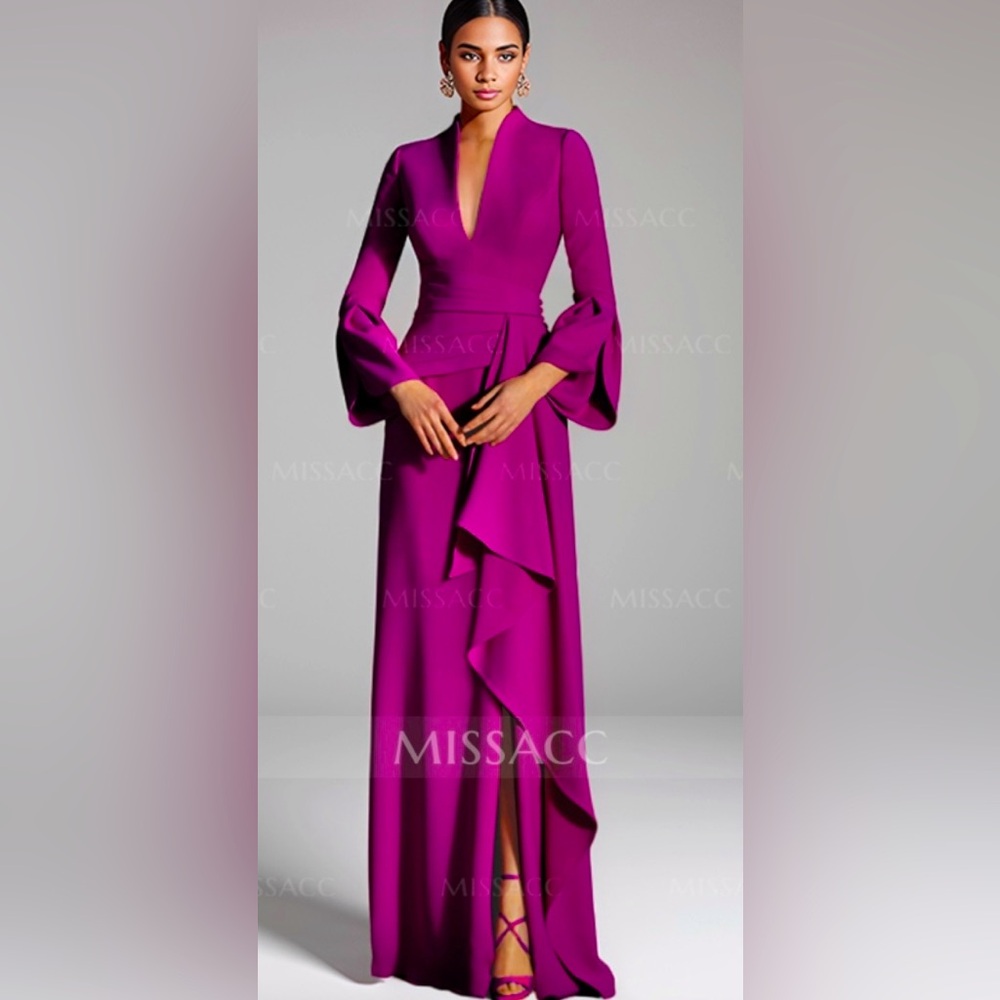 Missacc Fuchsia Bell Sleeves Cascadin Ruffled Waist Elastic Satin Dress, 8
